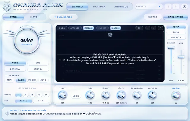 Interfaz de CHAKRA ALIGN en modo EN VIVO